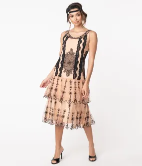 1920s Style Peach & Black Embroidery Eva Flapper Dress