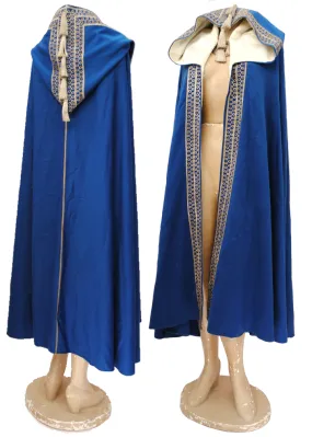 1960s Vintage Blue Cashmere Hooded Cloak | Metallic Embroidery