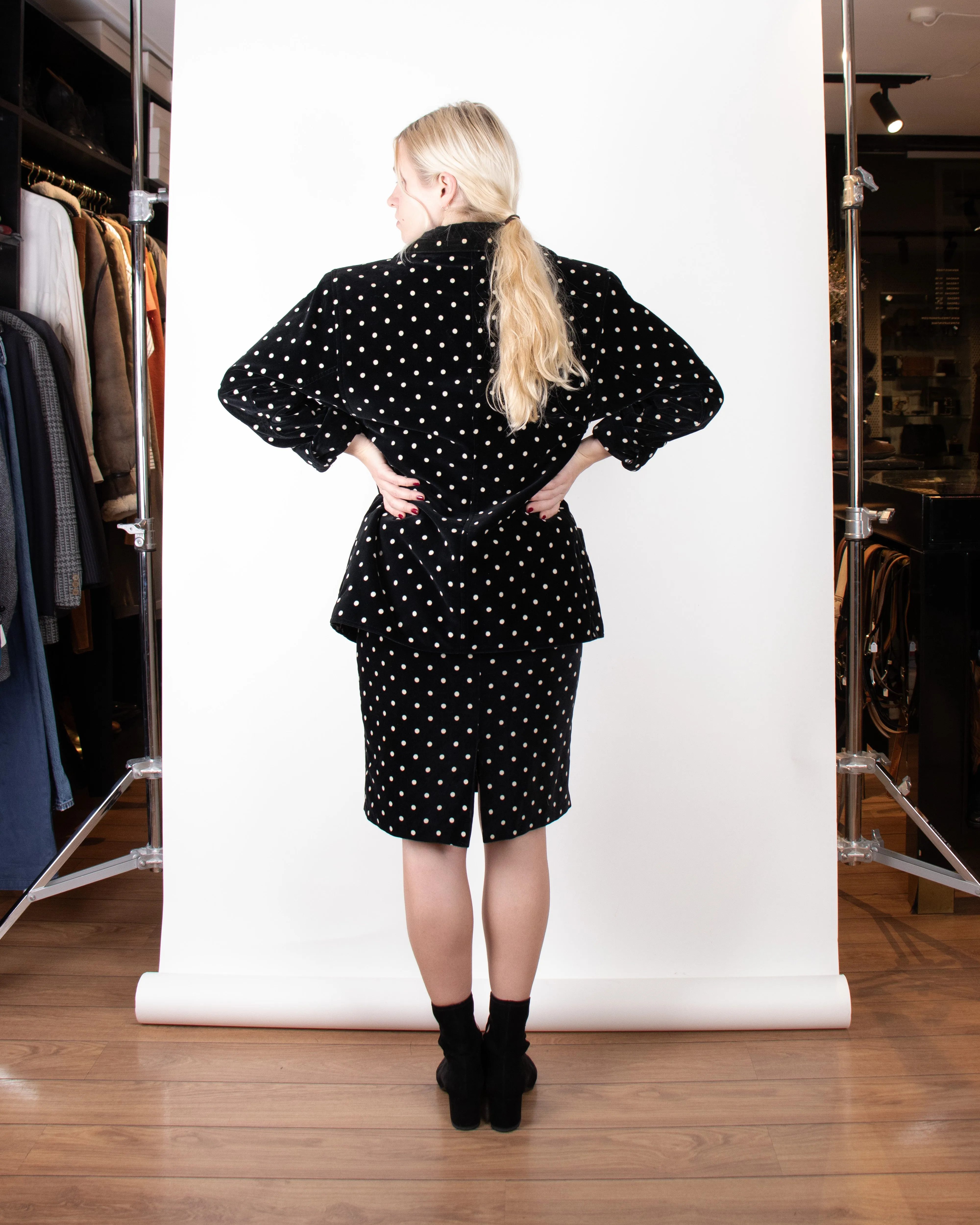 1980s Gianni Versace Polkadot Velvet Skirt Suit S