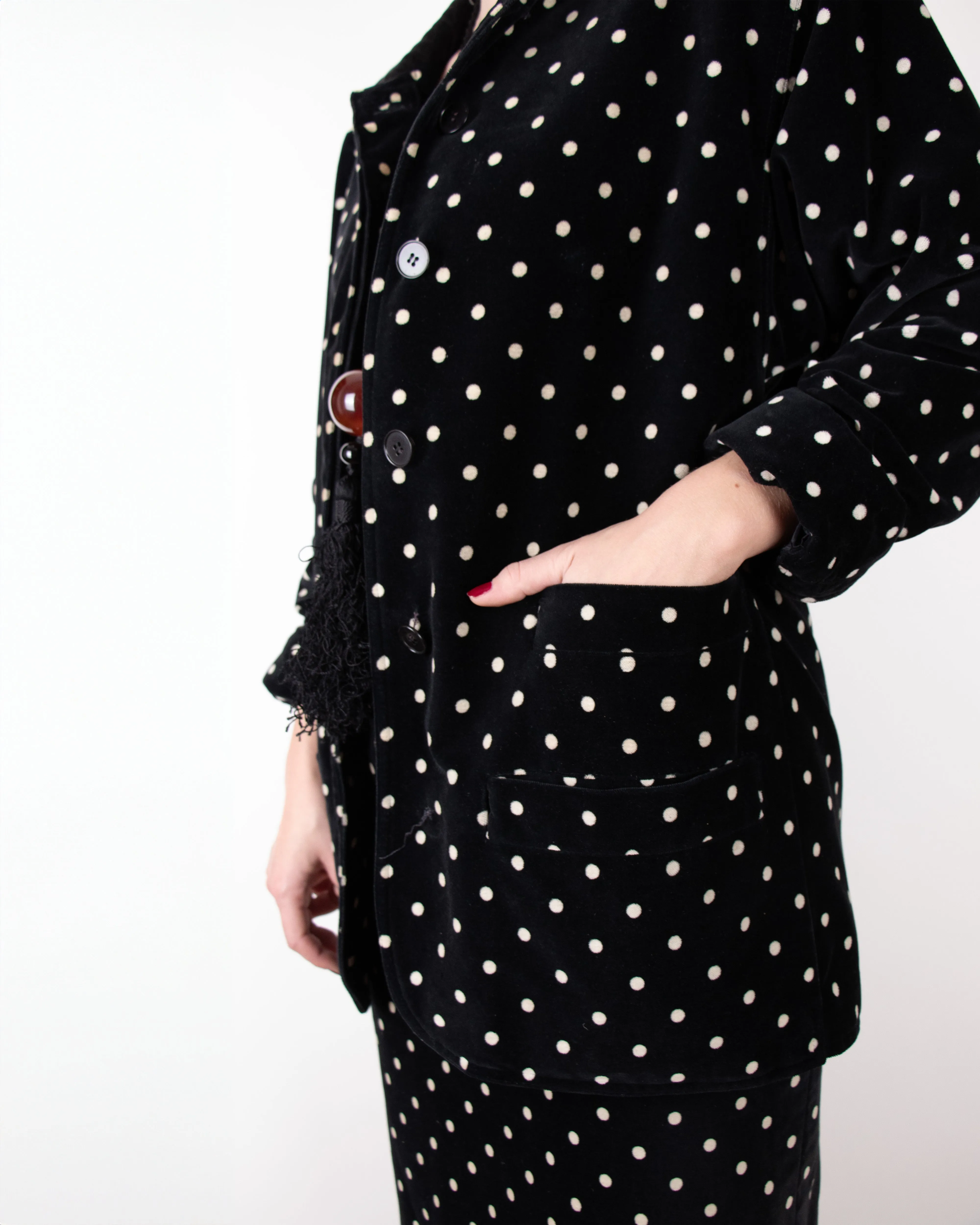 1980s Gianni Versace Polkadot Velvet Skirt Suit S