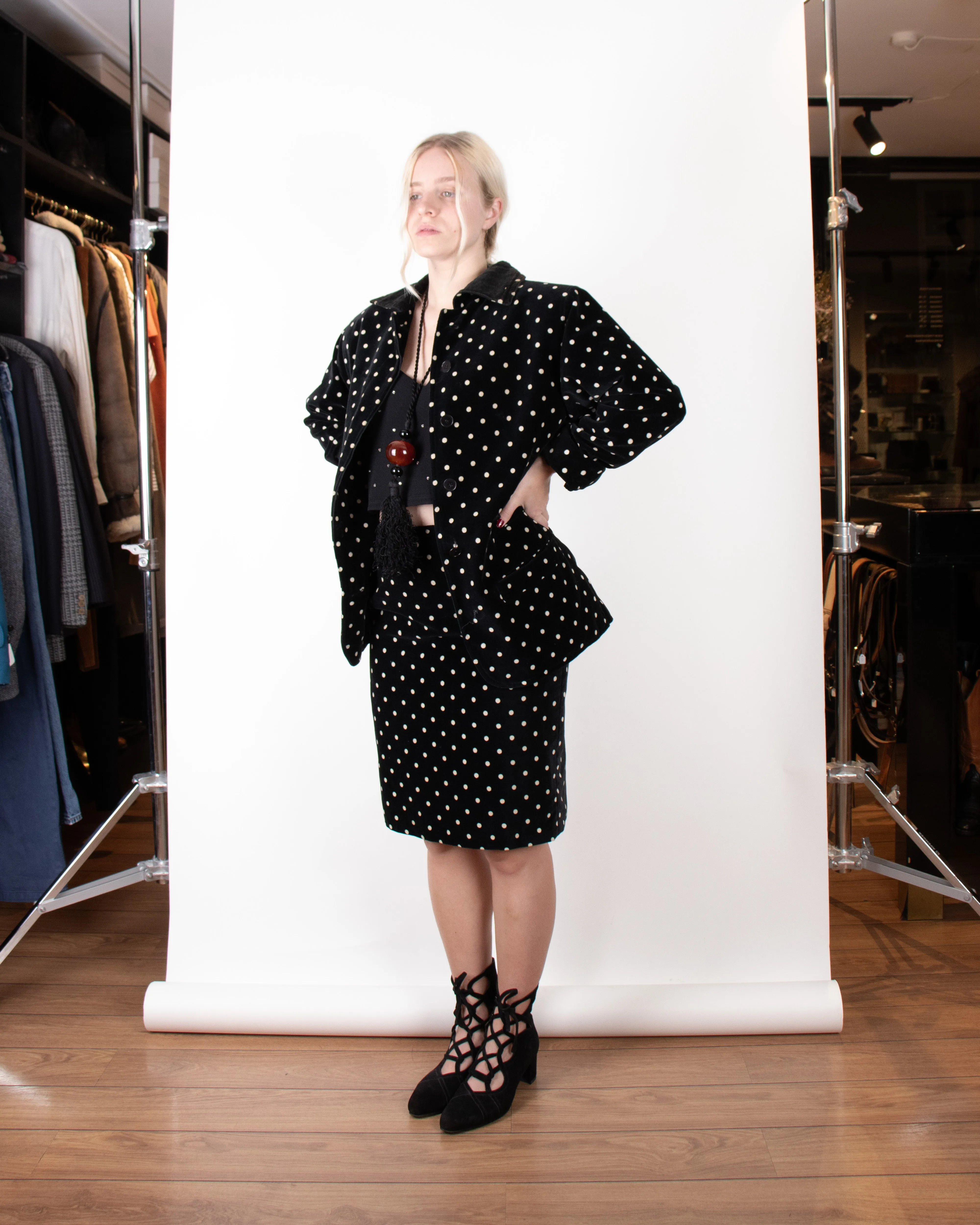 1980s Gianni Versace Polkadot Velvet Skirt Suit S