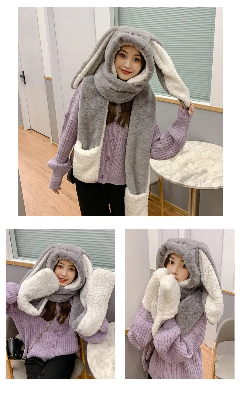 3 in 1 Fluffy Bunny Gloves Scarf Hat