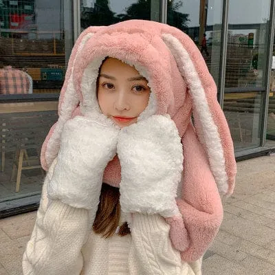 3 in 1 Fluffy Bunny Gloves Scarf Hat