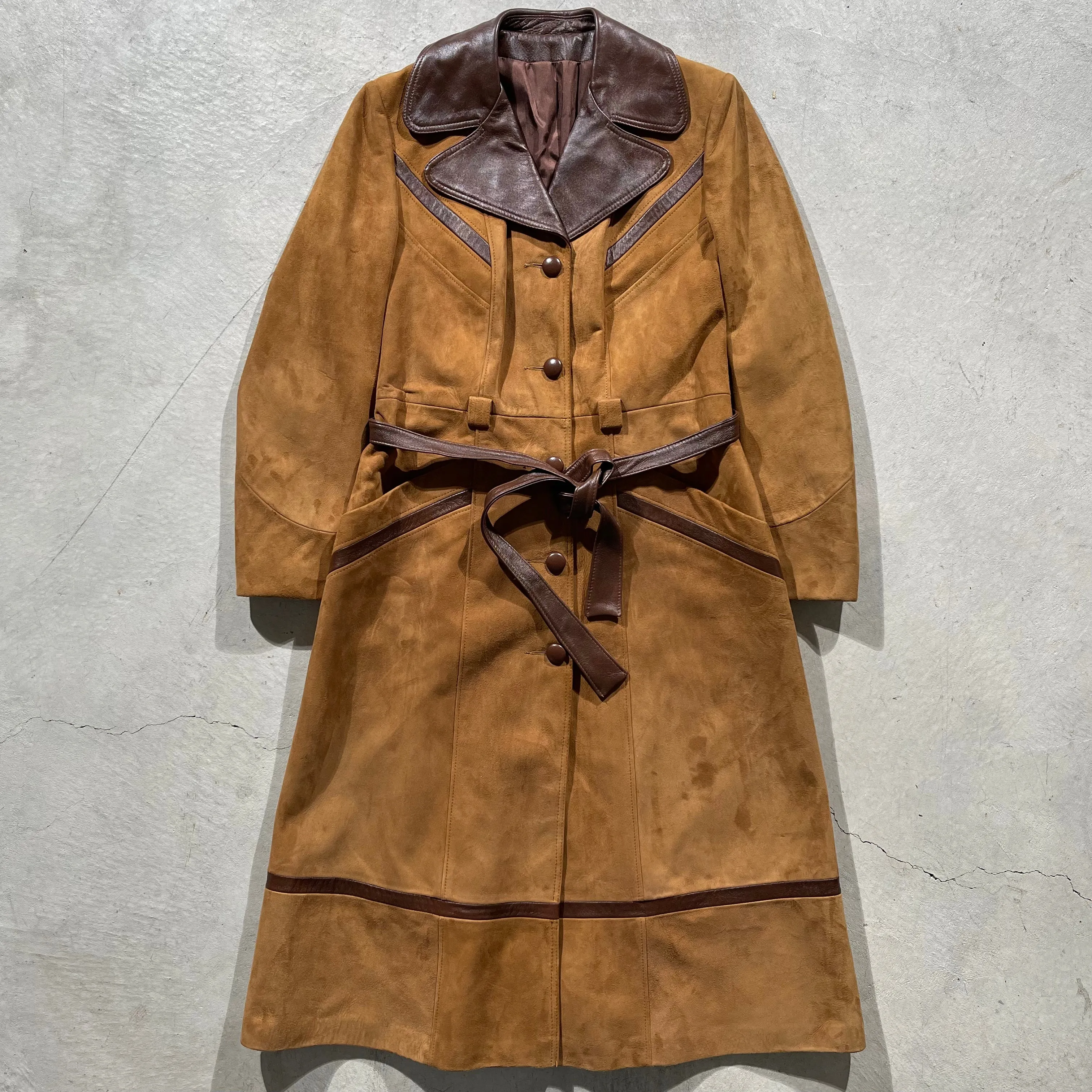 70s Tan Suede & Leather Trench Coat- M