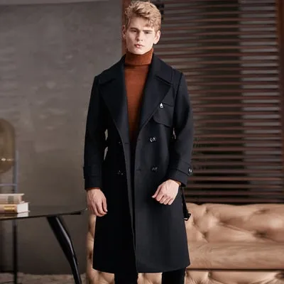 Advbridge European Over-the-knee Woolen Coat Men's Autumn/Winter High Quality Extra Long Wool Coat for Man Zip Pocket Overcoat