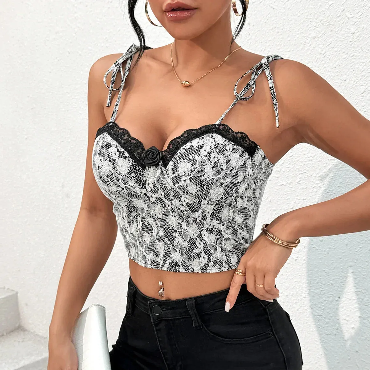 Advbridge-Summer Women Back Lace-up Corset Cropped Tops Camisole Slim Sling Bustier Sexy Sleeveless Lingerie Tank Top Spaghetti Strap Vest