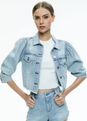 Alice & Olivia LANA PUFF SLEEVE DENIM JACKET WITH RAW HEM Rockstar Blue