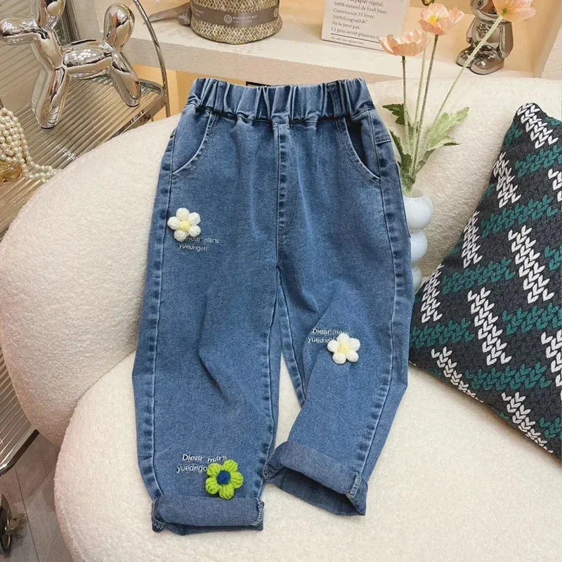 Ambroidered Flower Girl Jeans Baby Boy Kids Jeans Girl Pants Daduhey Wide Leg Pants Harem Trousers Clothes Bottoms