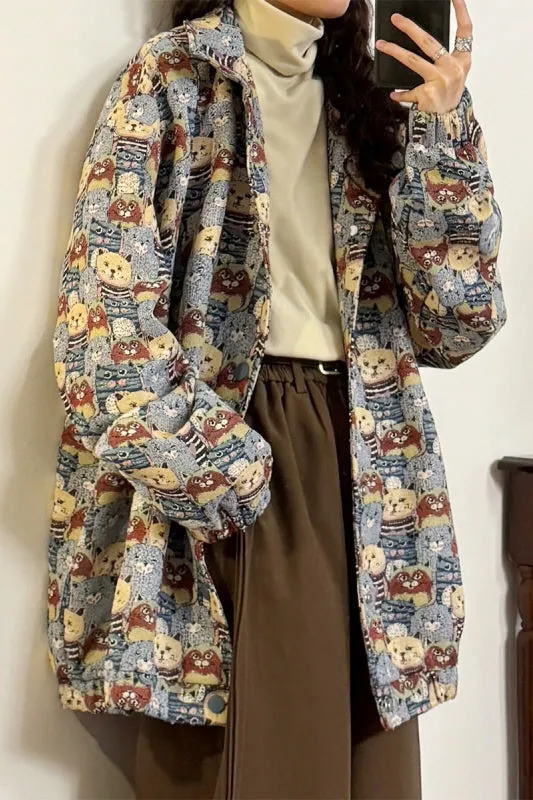 American Retro Fun Cartoon Jacquard Loose Lapel Jacket