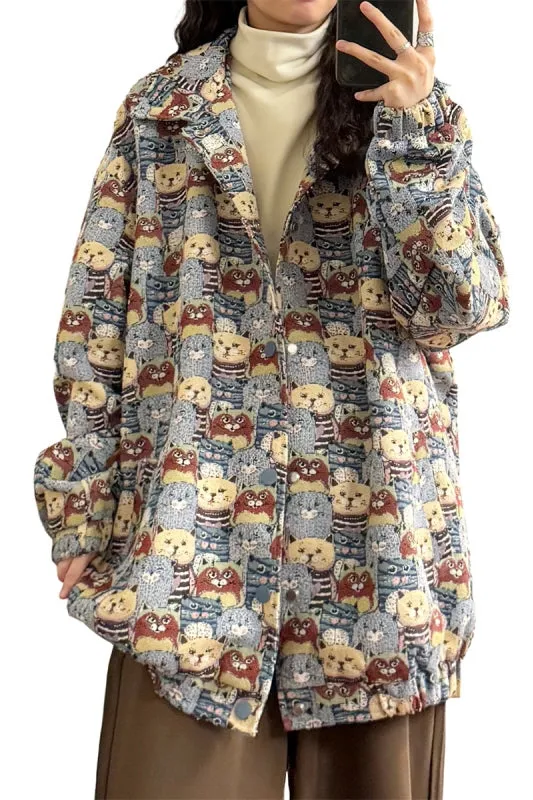 American Retro Fun Cartoon Jacquard Loose Lapel Jacket