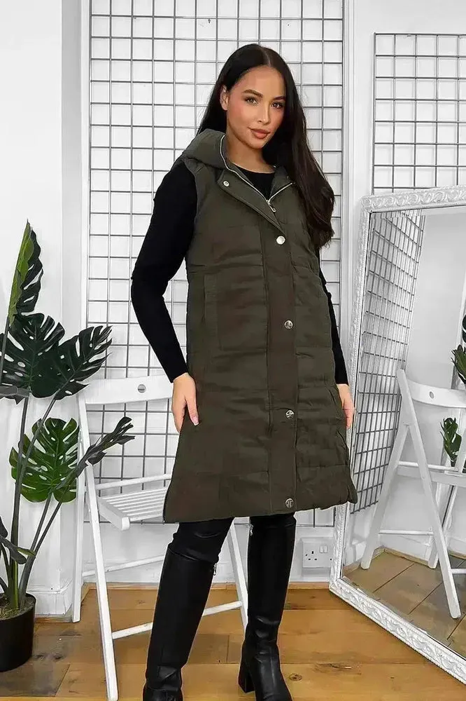 Attached Hood Popper Buttons Front Sleeveless Midi Gilet