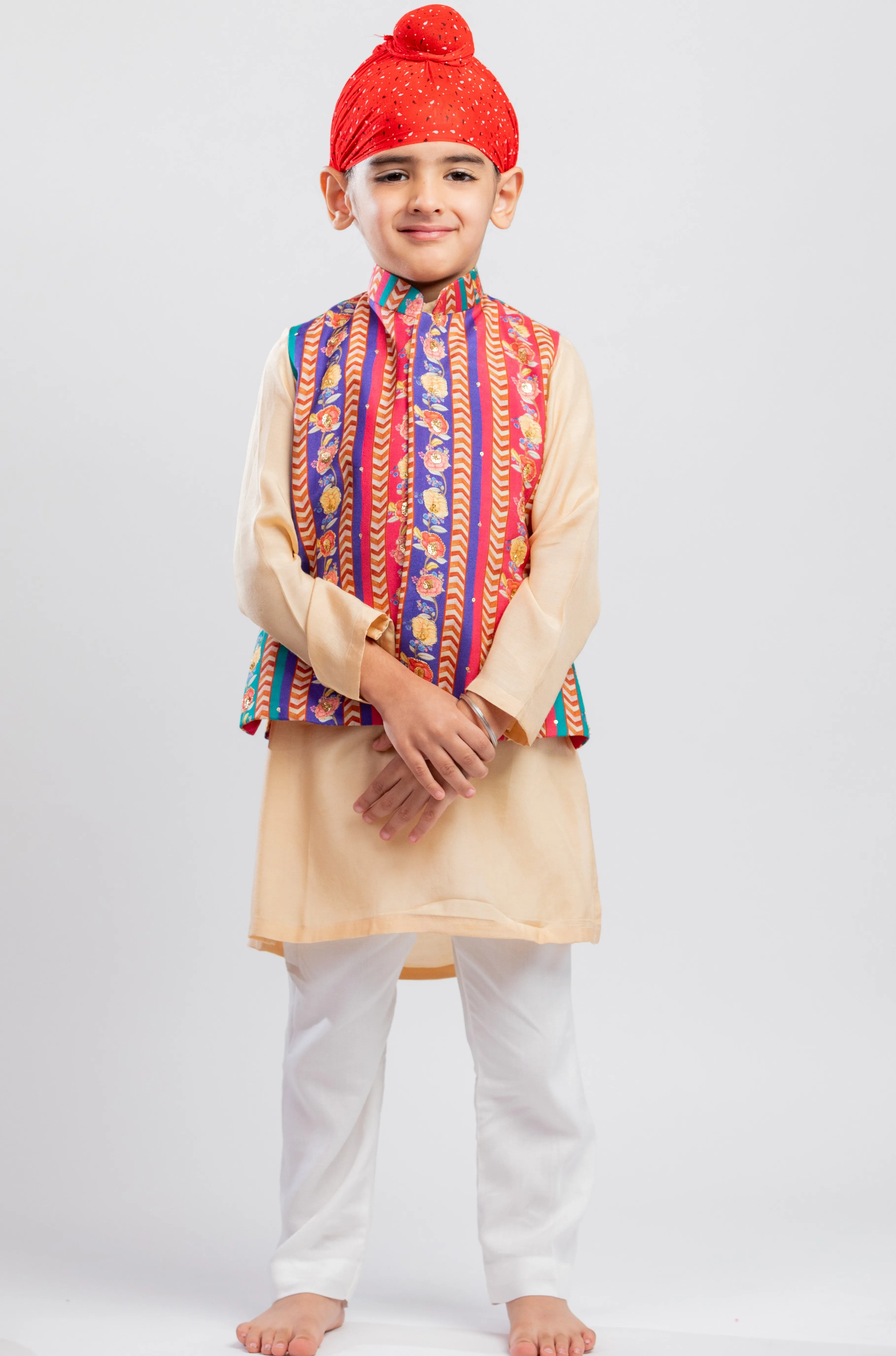 Beige Muslin Kurta And White Pyjama With Multicolor Floral Printed Jacket Set