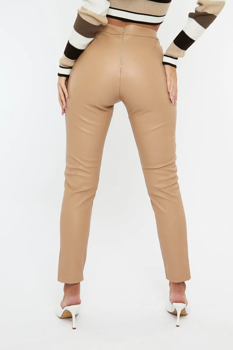 Beige PU Leather Front Slit Trousers - Caro