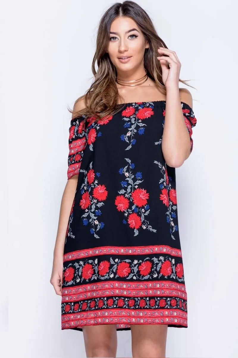 Black Floral Bardot Dress - Tamia