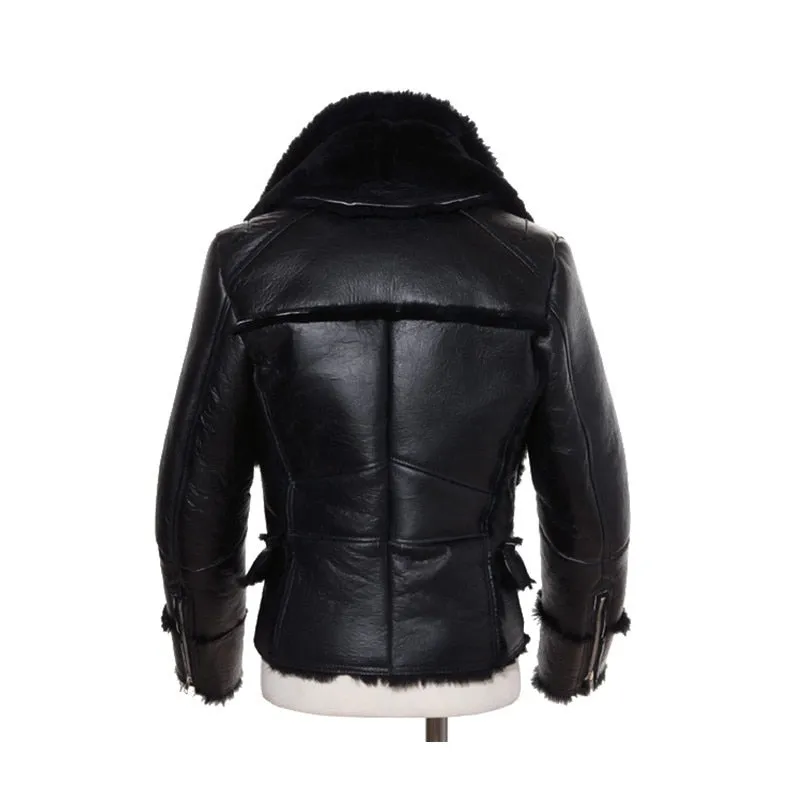 Black Genuine Leather Real Sherling Fur Lining Moto Jacket