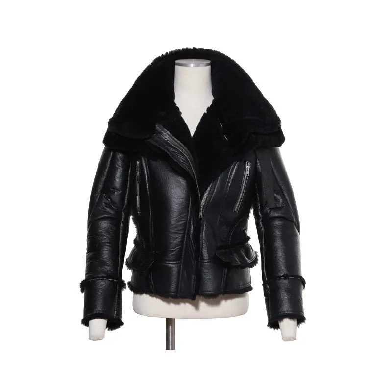 Black Genuine Leather Real Sherling Fur Lining Moto Jacket