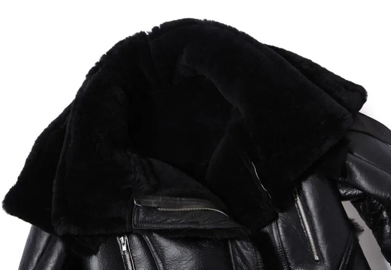 Black Genuine Leather Real Sherling Fur Lining Moto Jacket