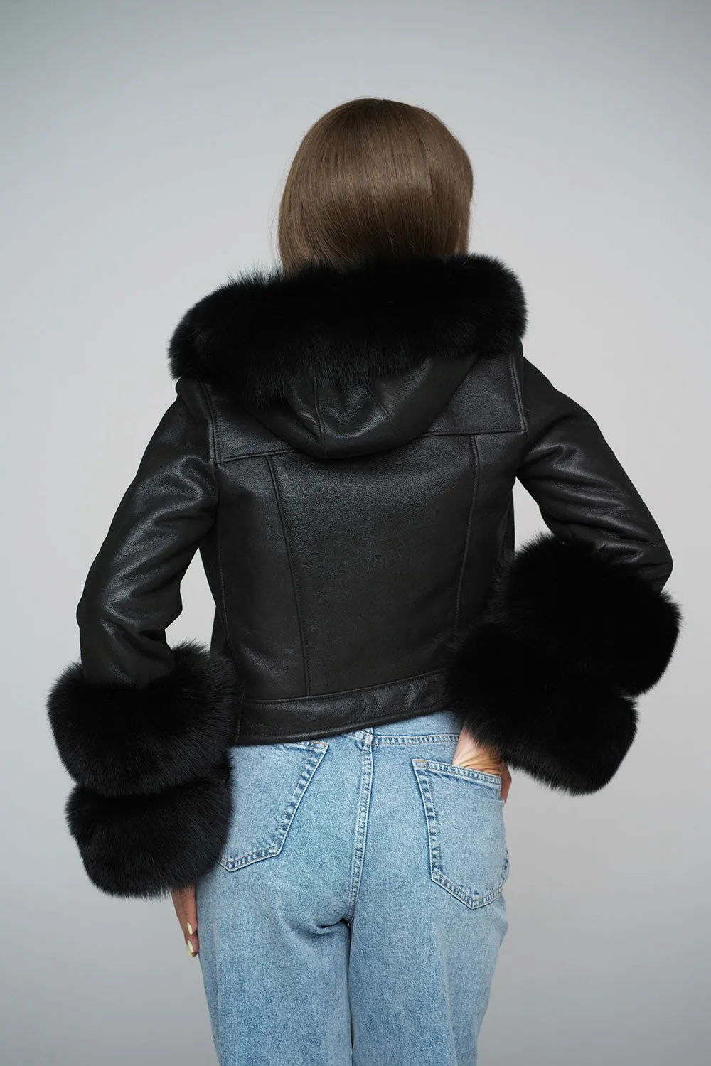 Black Merino Leather Jacket with Fox Fur Collar and Cuffs