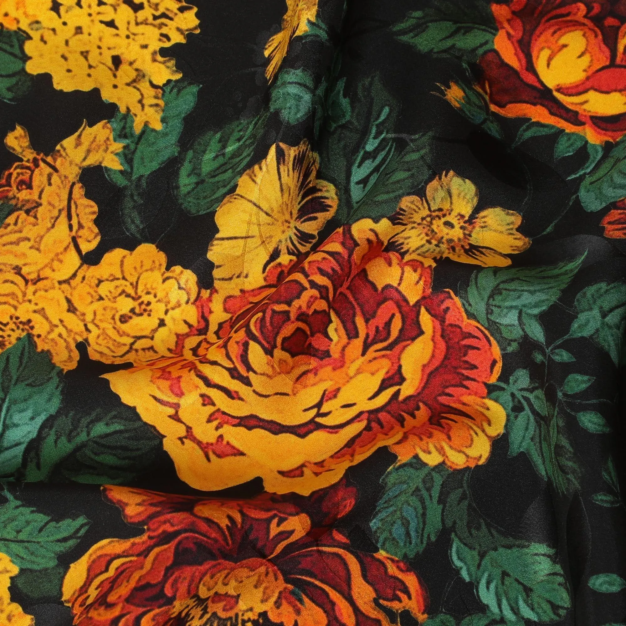 Black premium pure Italian silk satin fabric with multicolor print in floral design having matt finish-D13740