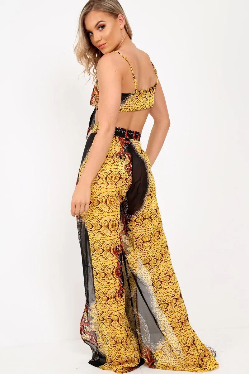 Black Scarf Print Crop Top And Split Front Trousers Co-Ord - Aavah