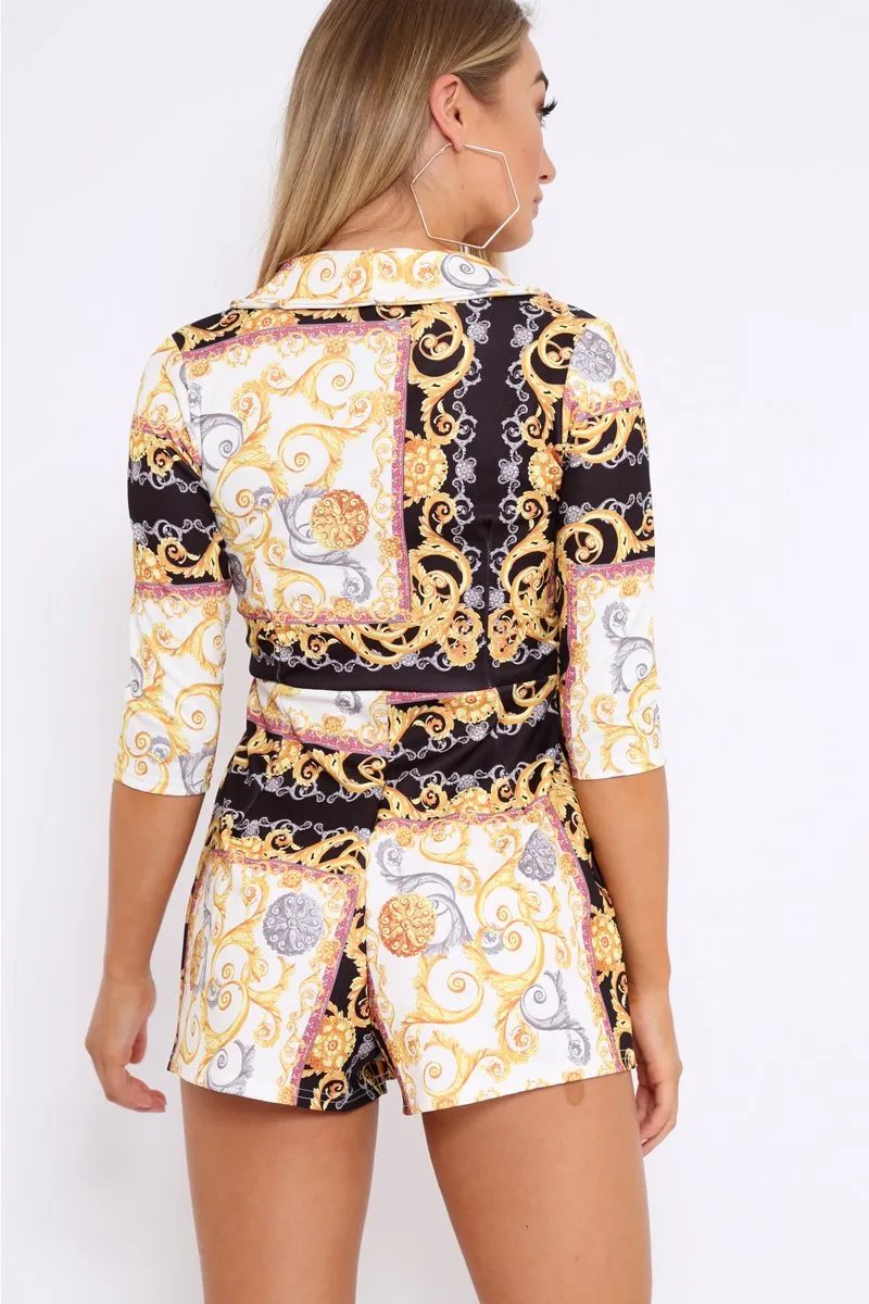 Black Scarf Print Plunge Playsuit - Maretta