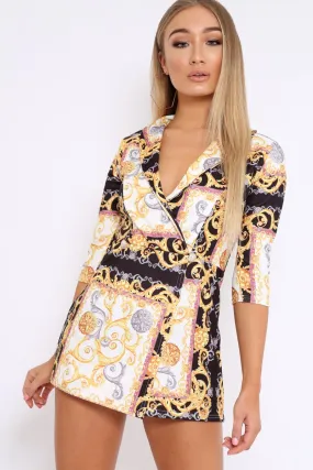 Black Scarf Print Plunge Playsuit - Maretta