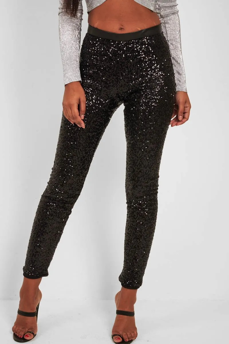 Black Sequin Skinny Trousers - Indira