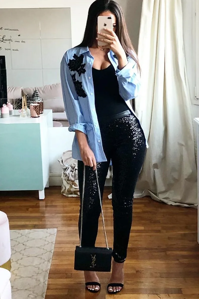 Black Sequin Skinny Trousers - Indira