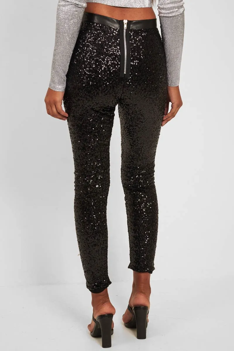 Black Sequin Skinny Trousers - Indira