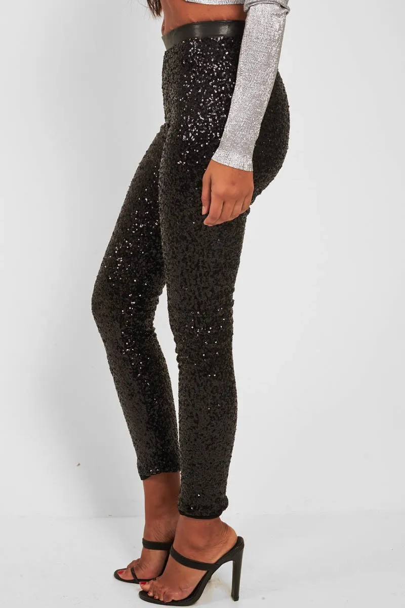 Black Sequin Skinny Trousers - Indira