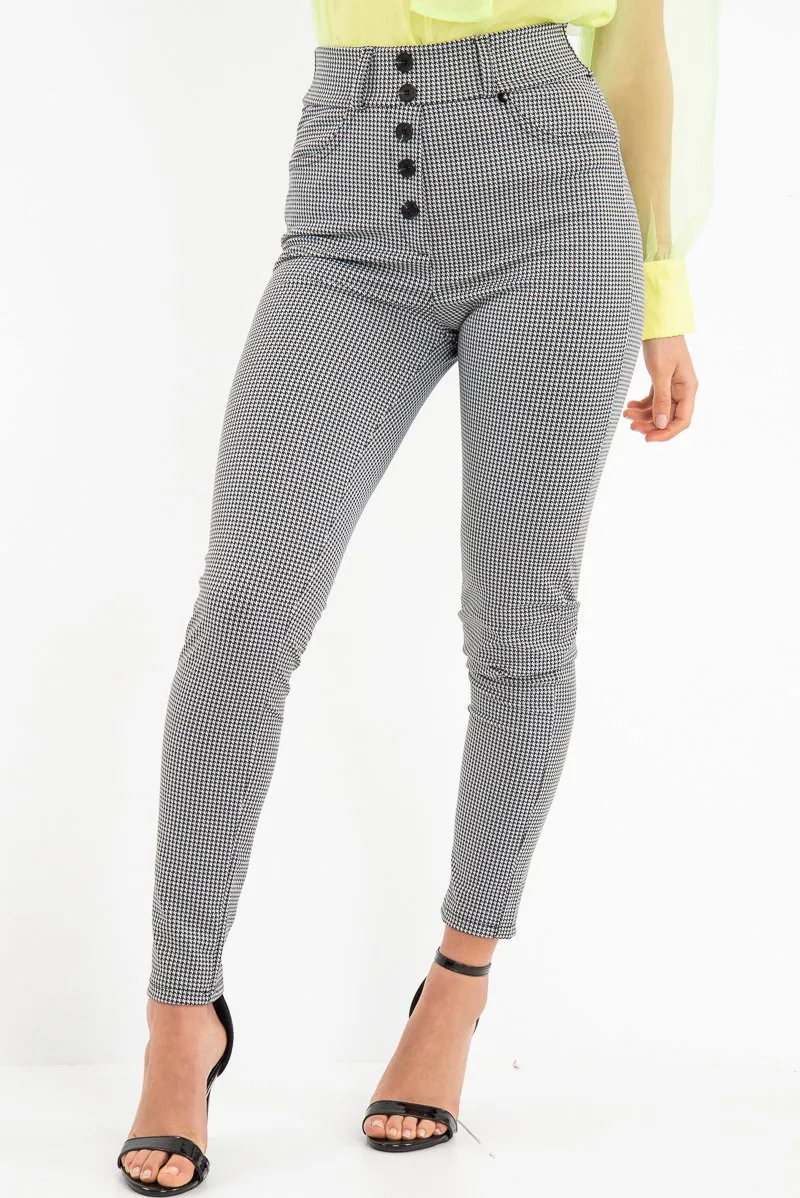 Black White Houndstooth Button Front Trousers - Isabelle