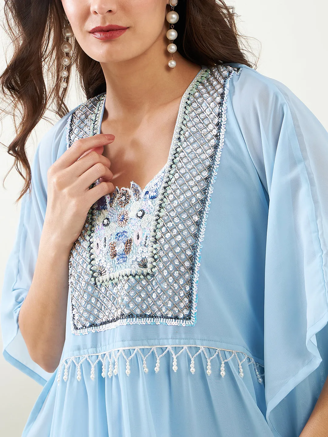 Blue Hand Embroidered Layered Party Dress with Slip