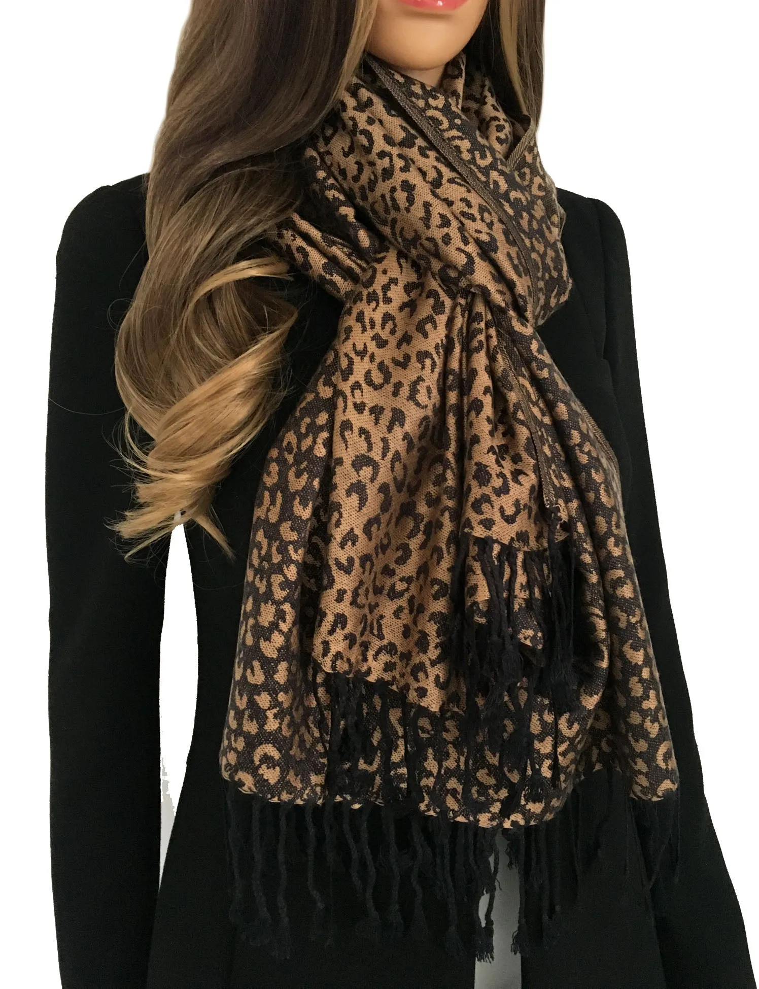 BROWN SMALL LEOPARD PRINT REVERSIBLE PASHMINA SHAWL SCARF