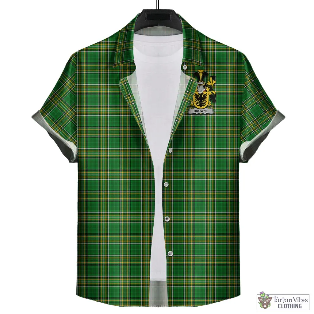 Browne Irish Clan Tartan Short Sleeve Button Up with Coat of Arms