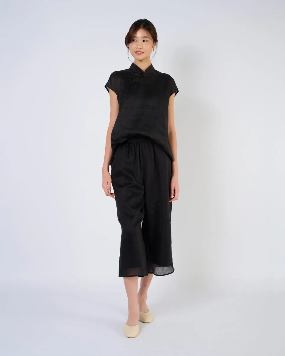 Cap Sleeve Ramie Cheongsam Top in Black