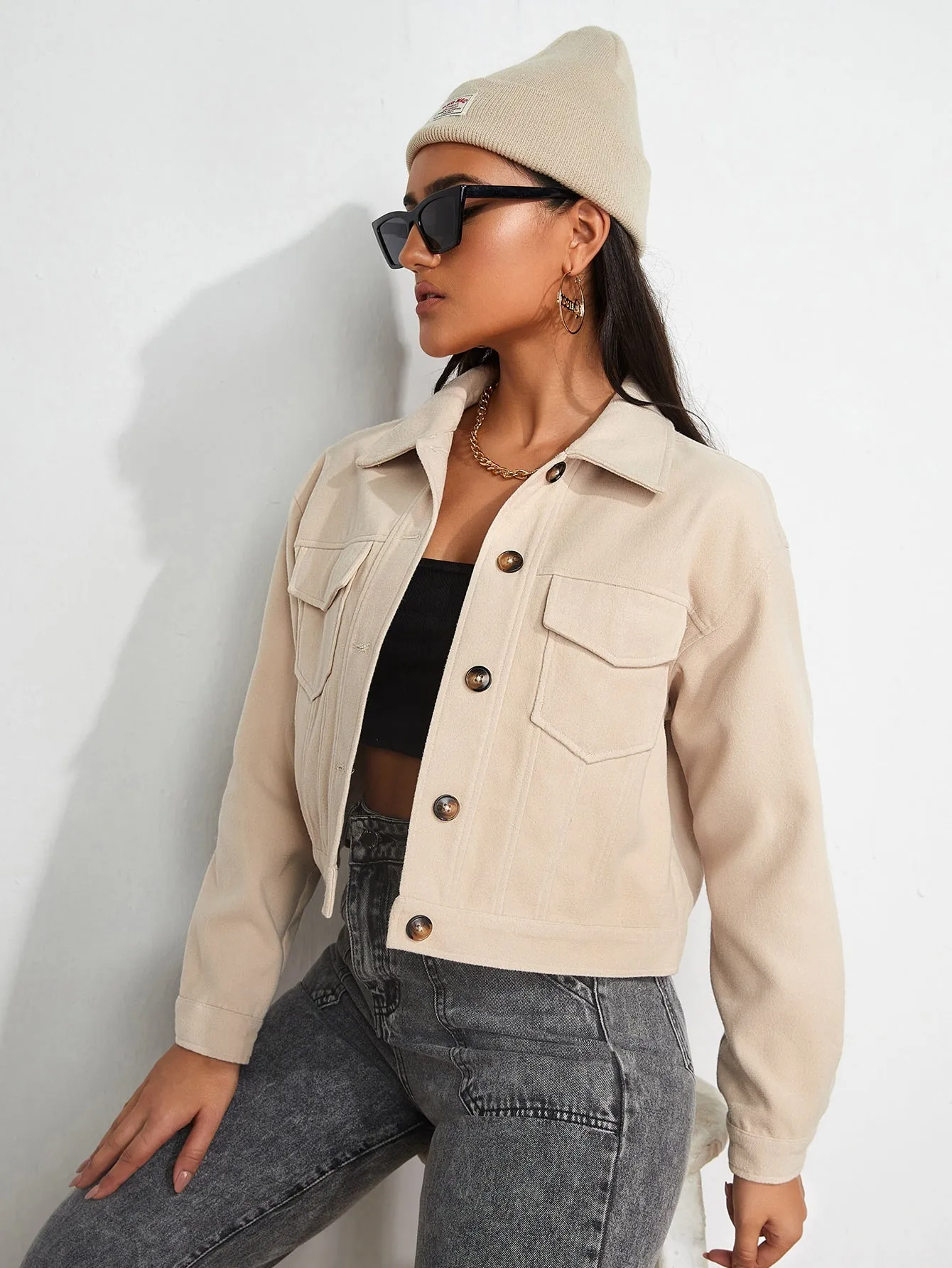 Casual Plain Button Front Long Sleeve Collar Crop Women Overcoat