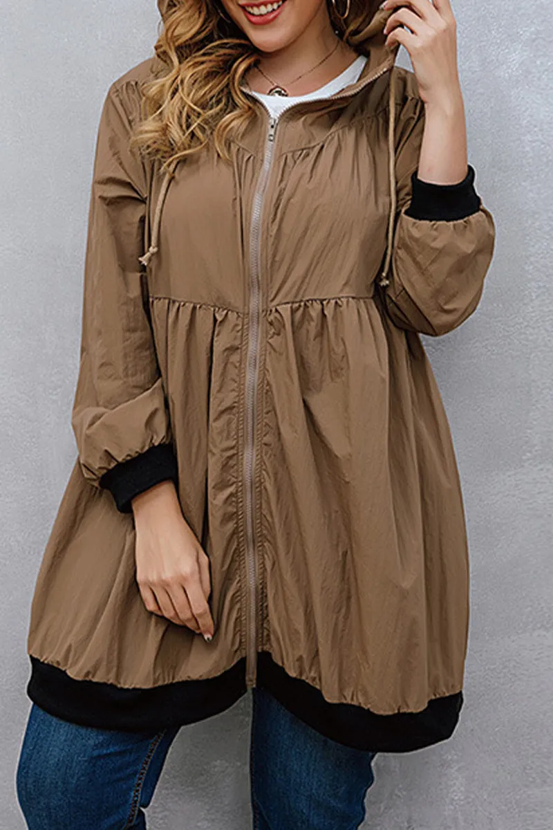 Casual Solid Draw String Zipper Hooded Collar Plus Size Overcoat