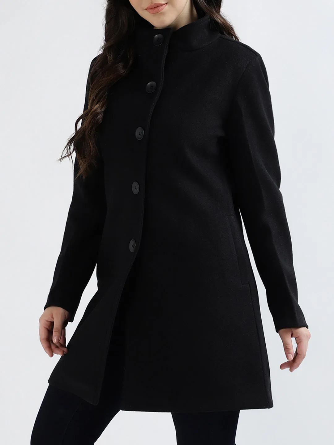 Centre Stage Women Solid High Neck Full Sleeves Overcoat