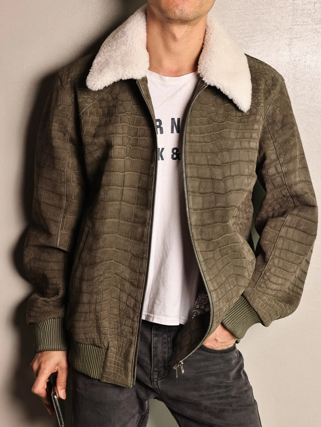 Crocodile Leather Jacket With Wool Collar ,Zip Up Casual Coat Rat Tail Green