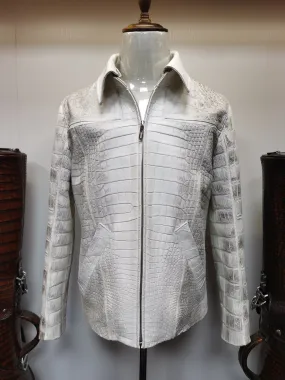 Crocodile Leather Jacket,Himalaya White Crocodile Leather Zip Up Coat