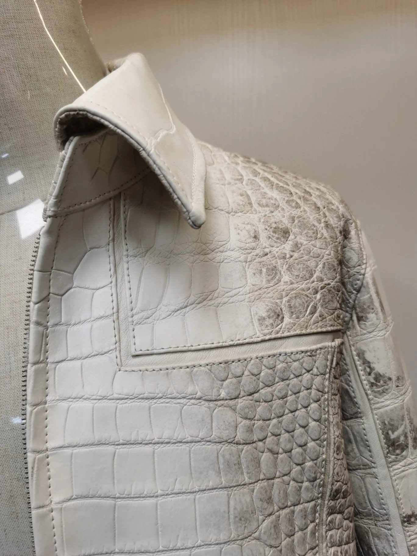 Crocodile Leather Jacket,Himalaya White Crocodile Leather Zip Up Coat