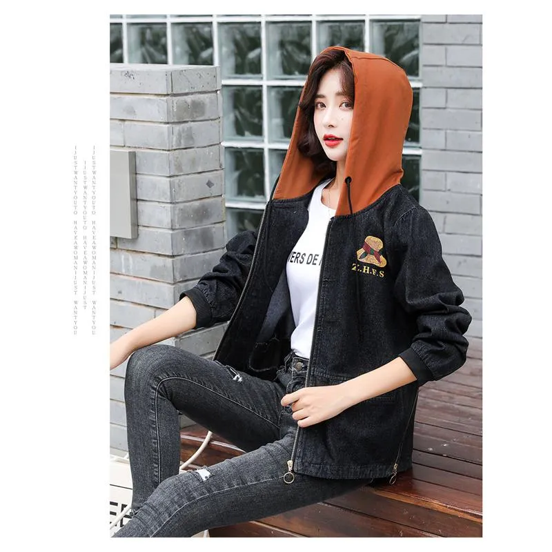 Cropped Slimming Bear Pattern Embroidery Zip-Up Denim Jacket