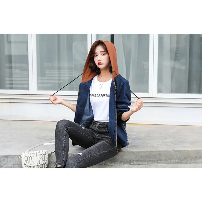 Cropped Slimming Bear Pattern Embroidery Zip-Up Denim Jacket