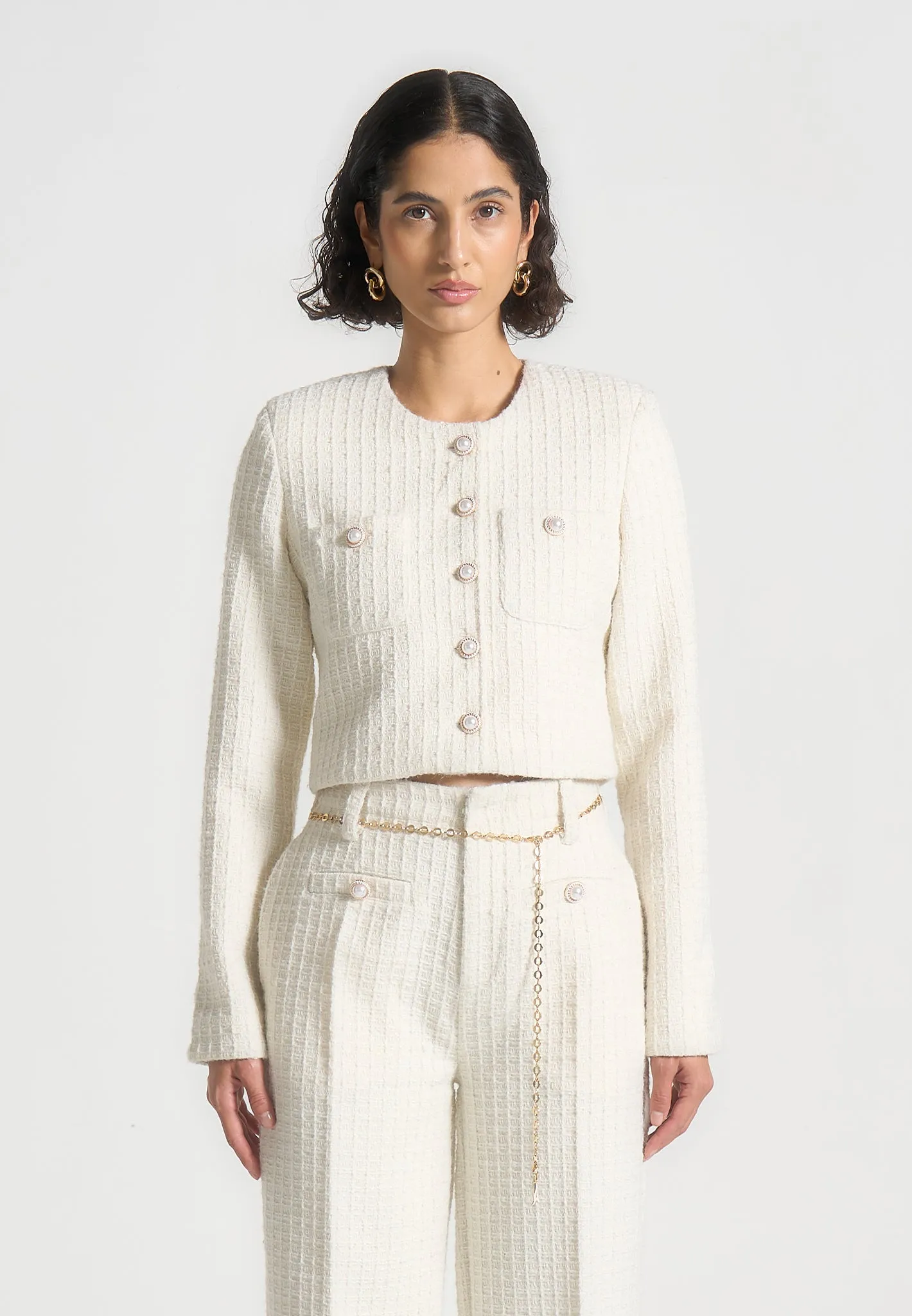 Cropped Tweed Jacket with Pearls - Cream