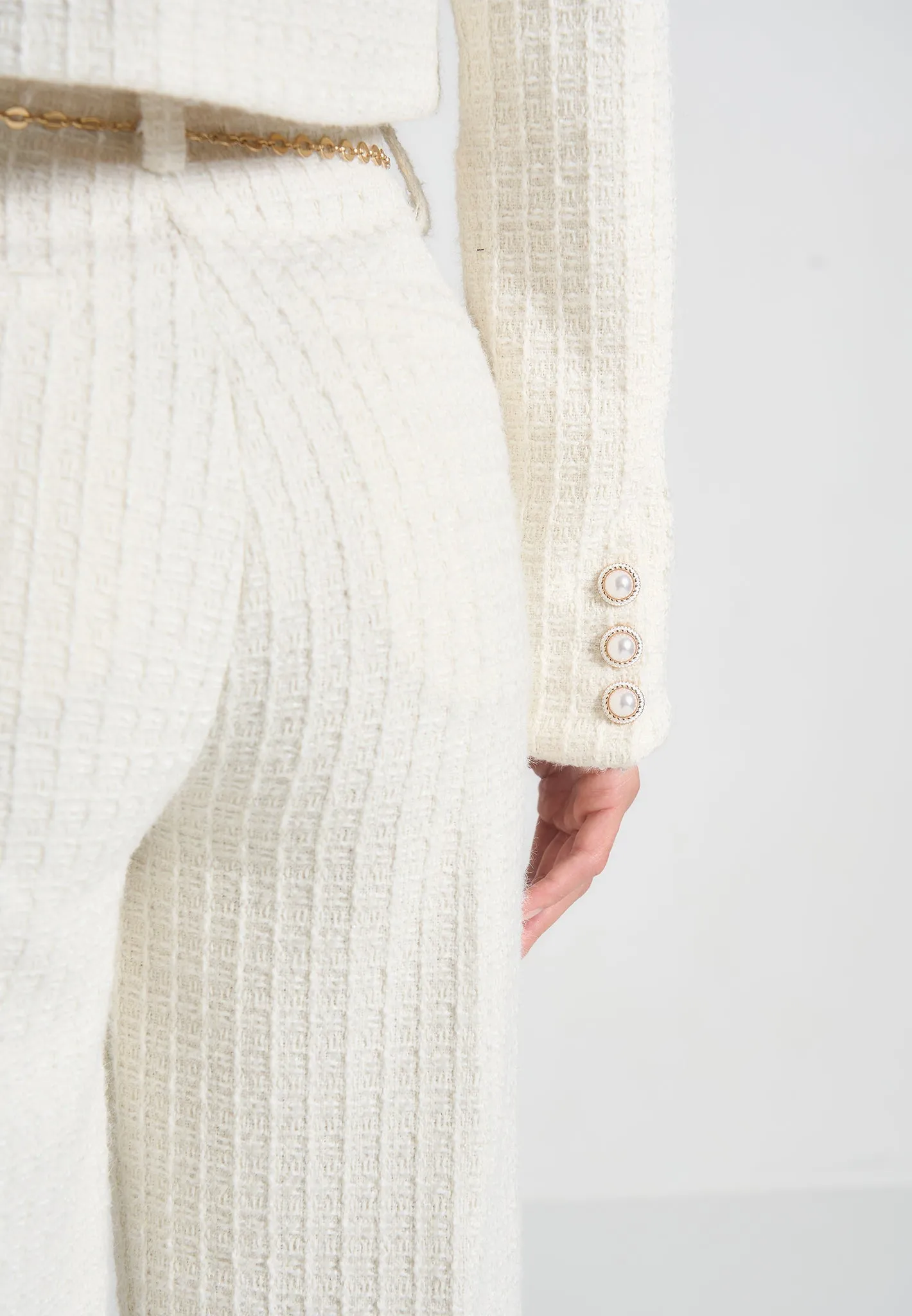 Cropped Tweed Jacket with Pearls - Cream