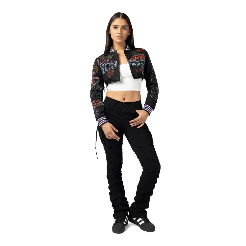 Cropped Varsity Embroidered Jacket - Black