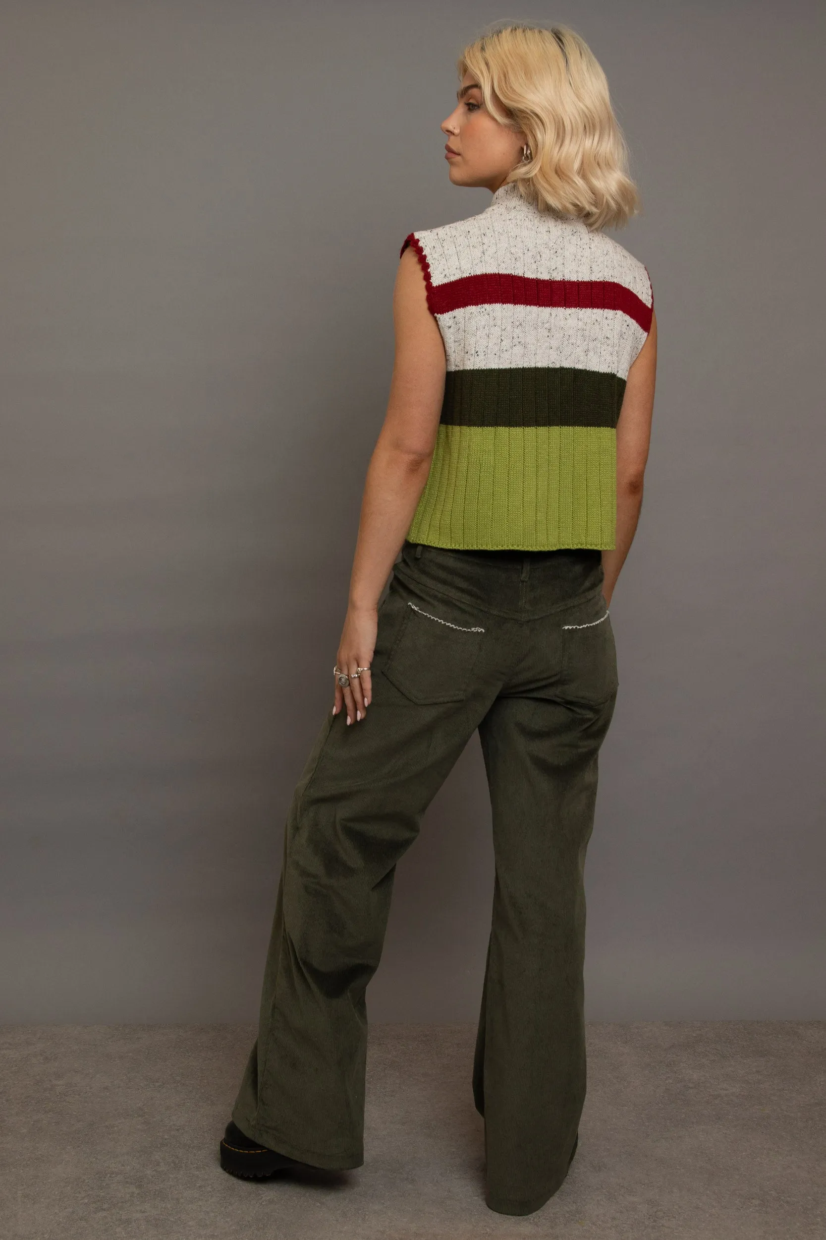 Daisy Street - Contrast Stitch Corduroy Olive Trousers