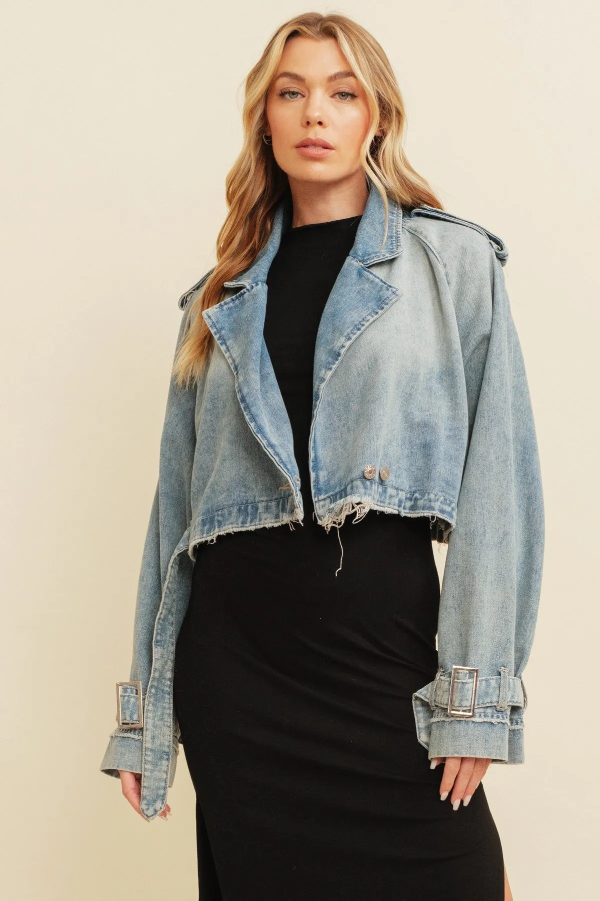 Denim Wash Cropped Denim Buckled Jacket