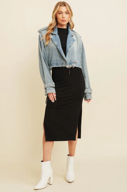 Denim Wash Cropped Denim Buckled Jacket