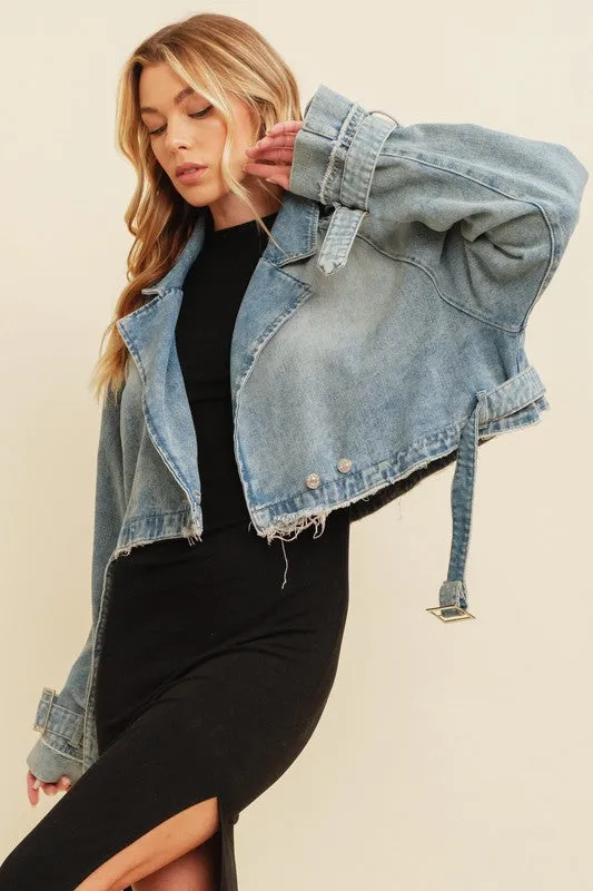 Denim Wash Cropped Denim Buckled Jacket